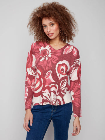 Plushy Printed V-Neck Sweater Vibrant by Charlie B