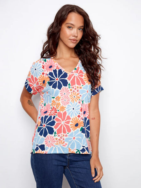 Printed Short Sleeve V-Neck T-Shirt Retro by Charlie B