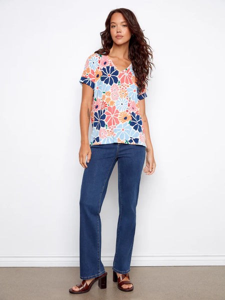 Printed Short Sleeve V-Neck T-Shirt Retro by Charlie B