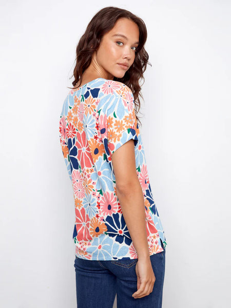 Printed Short Sleeve V-Neck T-Shirt Retro by Charlie B