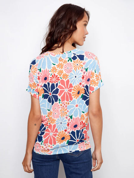 Printed Short Sleeve V-Neck T-Shirt Retro by Charlie B