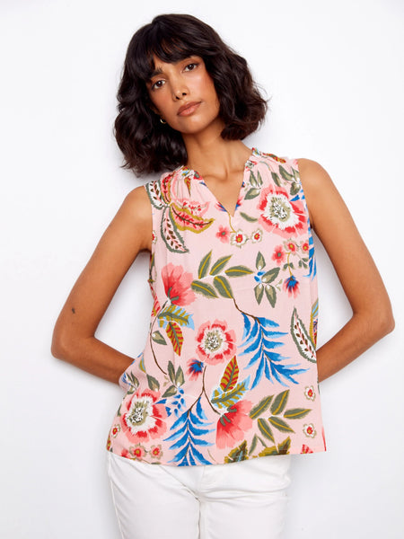 Printed Sleeveless Ruffle Neck Top by Charlie B