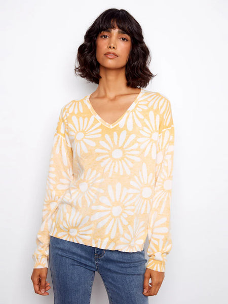 Long Sleeve Reversible Printed V-Neck Sweater Sunkiss by Charlie B