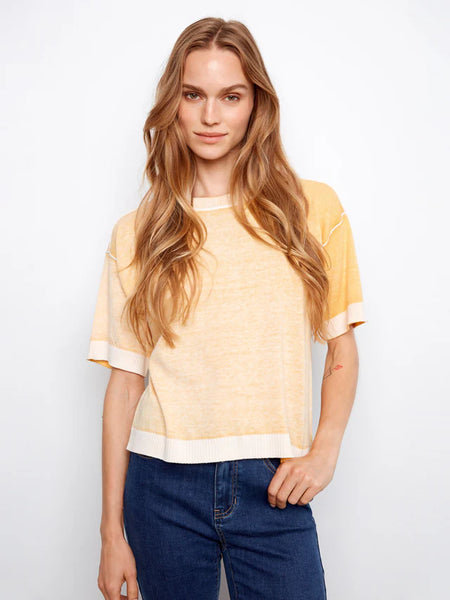 Reverse Print Short Sleeve Crew Neck Sweater Sunshine by Charlie B