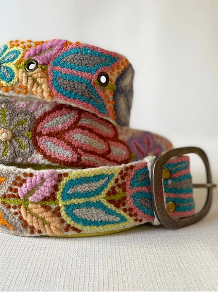 Folklorica Cream Floral Embroidered Wool Belt
