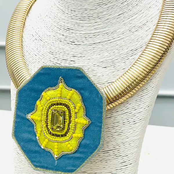 Hand-Bead Pendant Collar Blue & Chartreuse by Two Forty Two