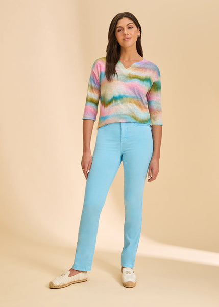 Drop Sholder Notch Neck Top Dip Dye Spritz Stripes by FDJ