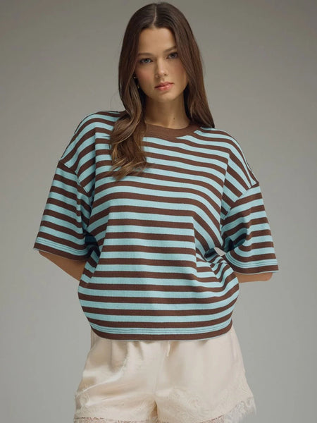S/S Oversized Stripe Top Blue Brown by Entro