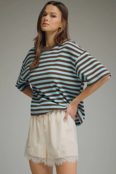 S/S Oversized Stripe Top Blue Brown by Entro