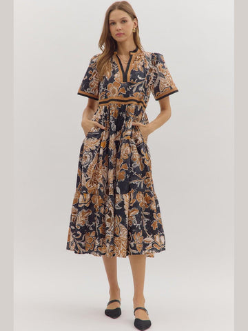 Floral Print Short Sleeve Midi Dress Brown by Entro