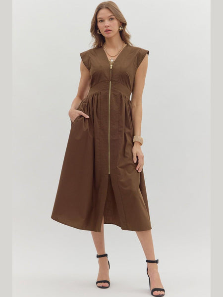 Solid Zip Front Midi Dress Brown by Entro