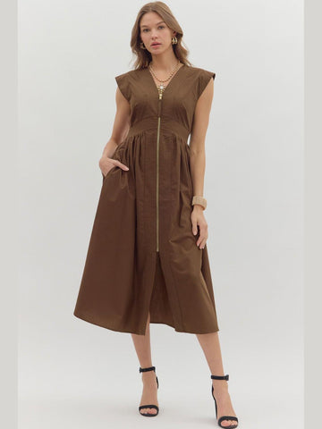 Solid Zip Front Midi Dress Brown by Entro
