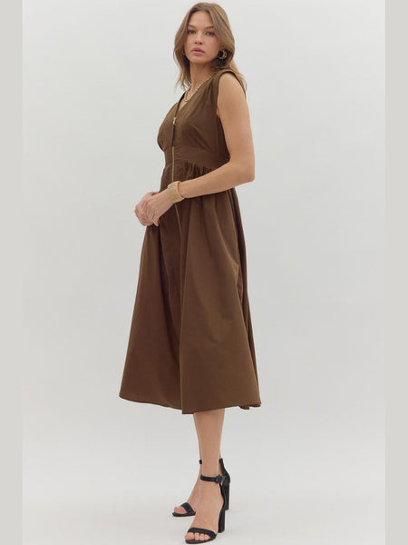 Solid Zip Front Midi Dress Brown by Entro