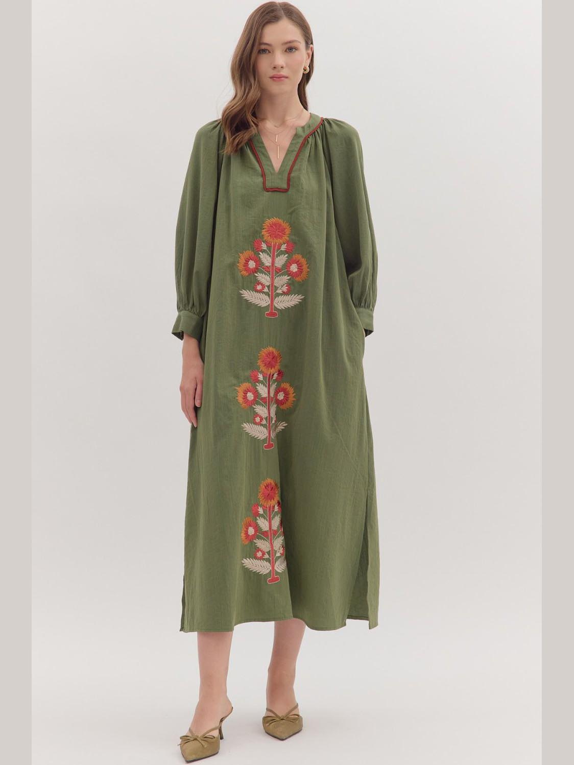 Embroidered Floral Long Sleeve Maxi Dress Olive by Entro
