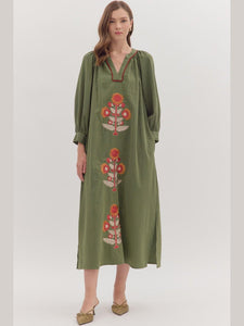 Embroidered Floral Long Sleeve Maxi Dress Olive by Entro