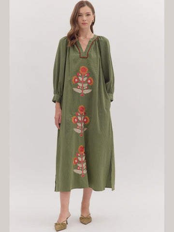 Embroidered Floral Long Sleeve Maxi Dress Olive by Entro
