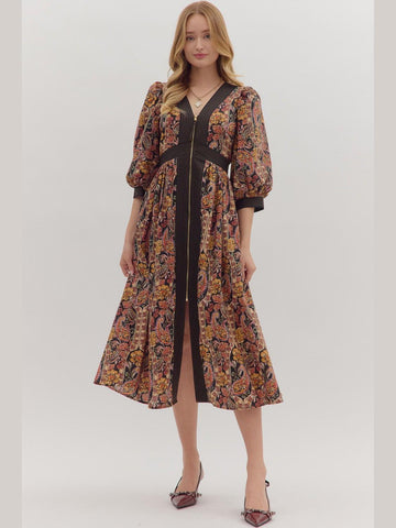 Paisley Print Puff Sleeve Midi Dress Black by Entro