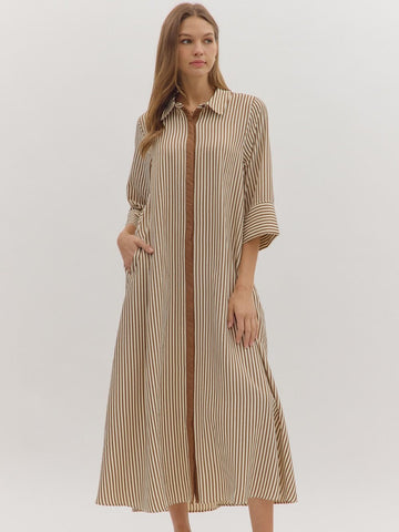 Striped 3/4 Sleeve Midi Dress Caramel by Entro