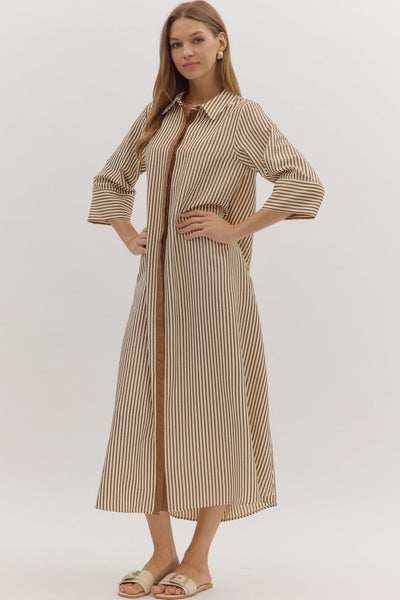 Striped 3/4 Sleeve Midi Dress Caramel by Entro