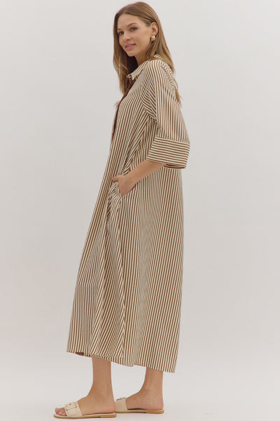 Striped 3/4 Sleeve Midi Dress Caramel by Entro