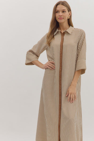 Striped 3/4 Sleeve Midi Dress Caramel by Entro