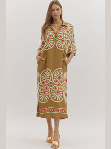 Geometric Print Half Sleeve Midi Dress Camel by Entro