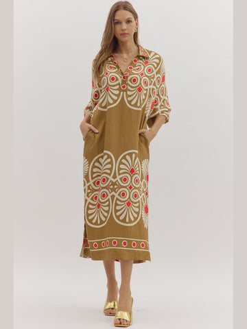 Geometric Print Half Sleeve Midi Dress Camel by Entro