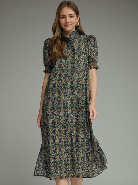 Floral Print Puff Sleeve Midi Dress Navy by Entro