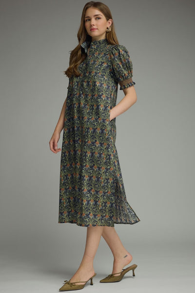 Floral Print Puff Sleeve Midi Dress Navy by Entro