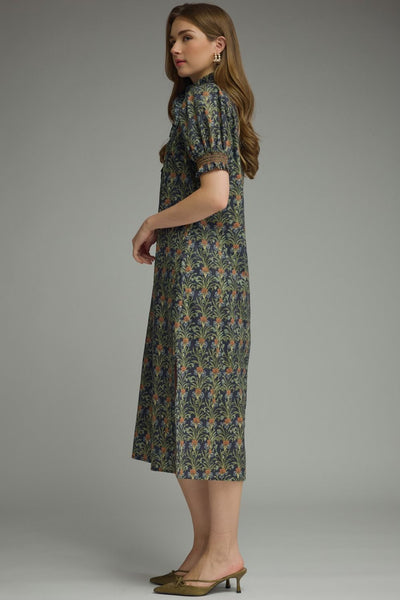 Floral Print Puff Sleeve Midi Dress Navy by Entro