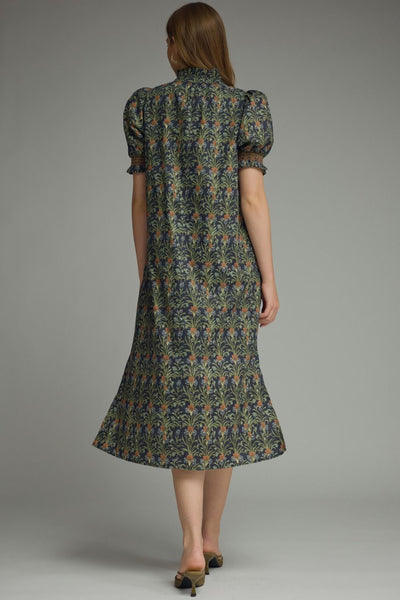 Floral Print Puff Sleeve Midi Dress Navy by Entro