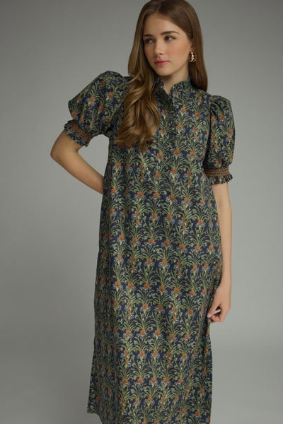 Floral Print Puff Sleeve Midi Dress Navy by Entro