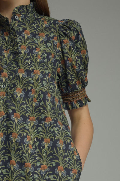 Floral Print Puff Sleeve Midi Dress Navy by Entro