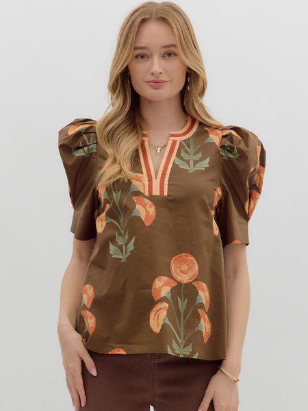 Floral Puff Sleeve Top Brown by Entro