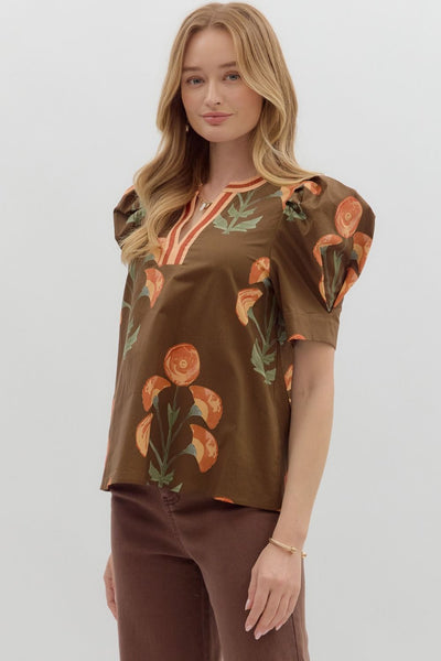 Floral Puff Sleeve Top Brown by Entro