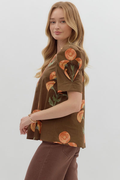 Floral Puff Sleeve Top Brown by Entro