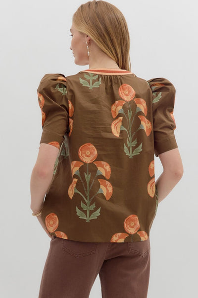 Floral Puff Sleeve Top Brown by Entro