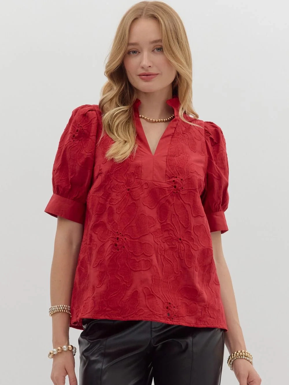 Short Puff Sleeve Floral Embroidered Top Red by Entro