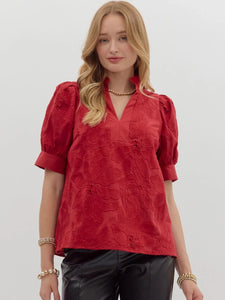 Short Puff Sleeve Floral Embroidered Top Red by Entro