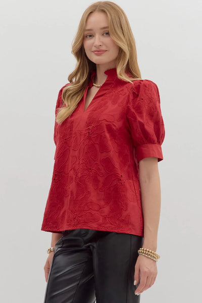 Short Puff Sleeve Floral Embroidered Top Red by Entro