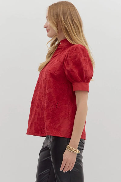 Short Puff Sleeve Floral Embroidered Top Red by Entro