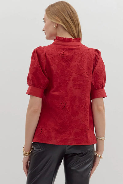 Short Puff Sleeve Floral Embroidered Top Red by Entro