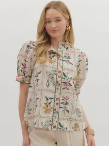 Floral Print Button Front Blouse Ecru by Entro
