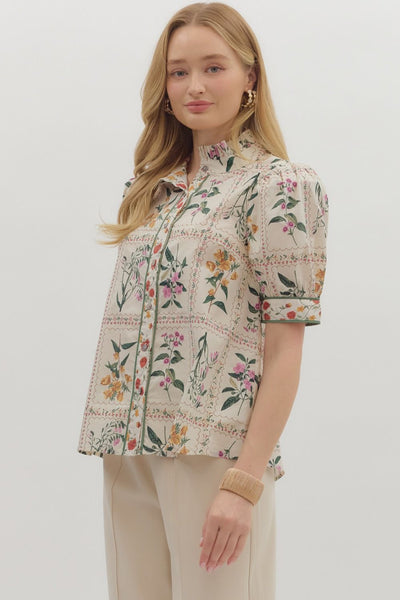 Floral Print Button Front Blouse Ecru by Entro