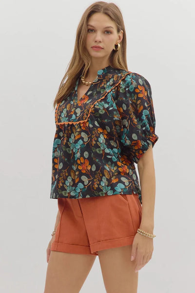 Short Sleeve Floral Top Black by Entro