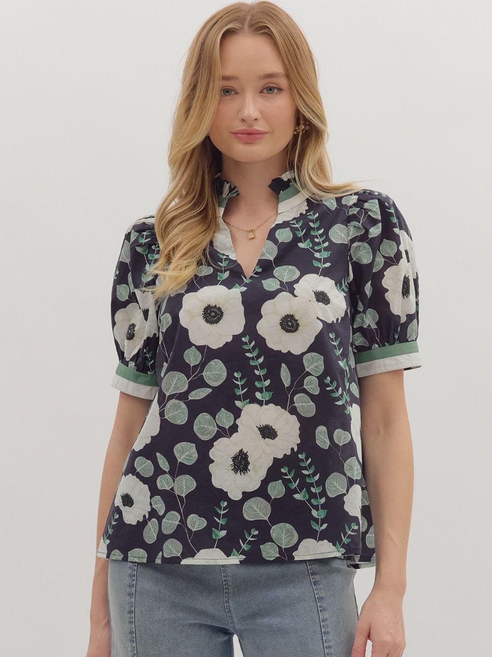 Short Puff Sleeve Floral Print Top Navy by Entro