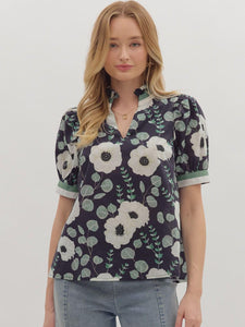 Short Puff Sleeve Floral Print Top Navy by Entro