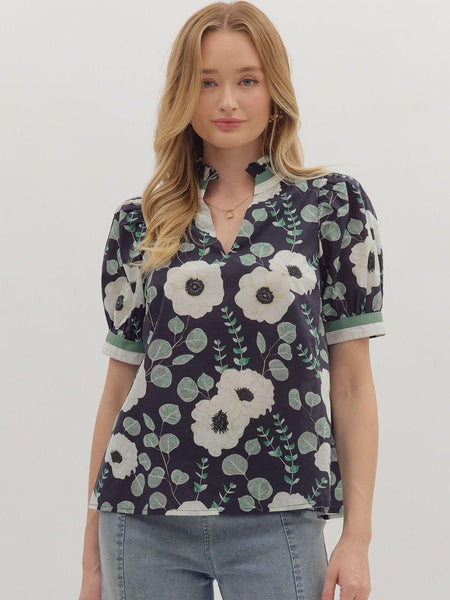 Short Puff Sleeve Floral Print Top Navy by Entro