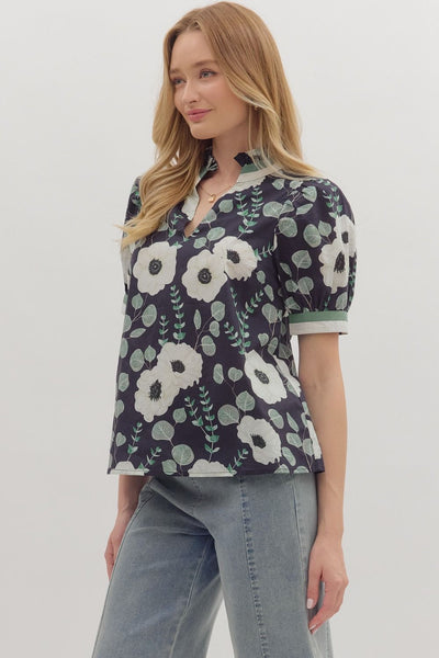 Short Puff Sleeve Floral Print Top Navy by Entro