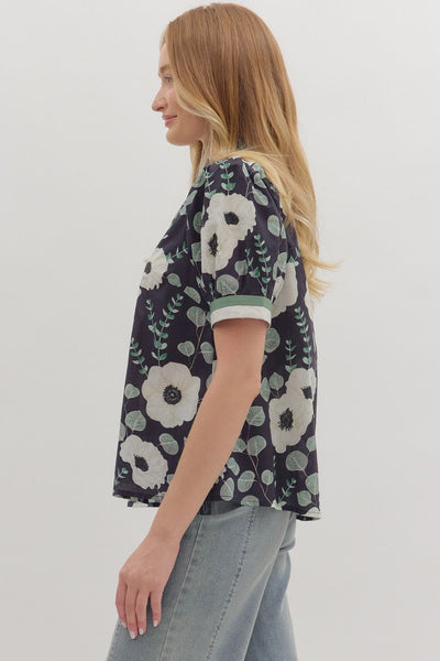 Short Puff Sleeve Floral Print Top Navy by Entro